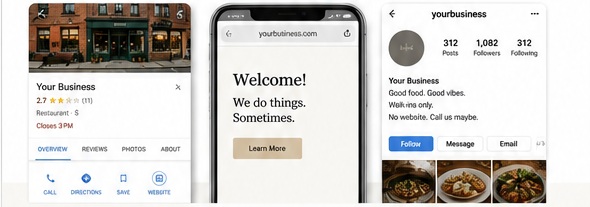 Three-panel example showing a Google Business listing, a weak mobile website, and an Instagram profile without a clear action path