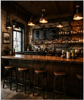 Warm neighborhood bar interior with wood, stools, pendant lights, and a chalkboard menu