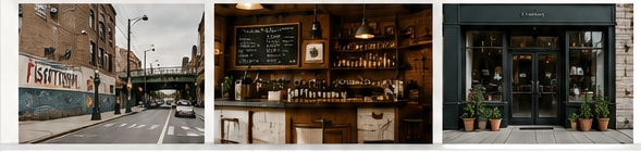 Fishtown streetscape, warm bar interior, and independent neighborhood storefront