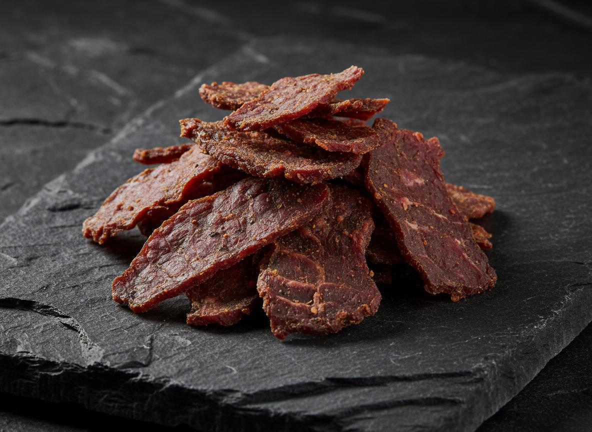 A matte black Selah Jerky Original Beef pouch beside a kraft tube package on slate, with salt, peppercorns, and herbs nearby