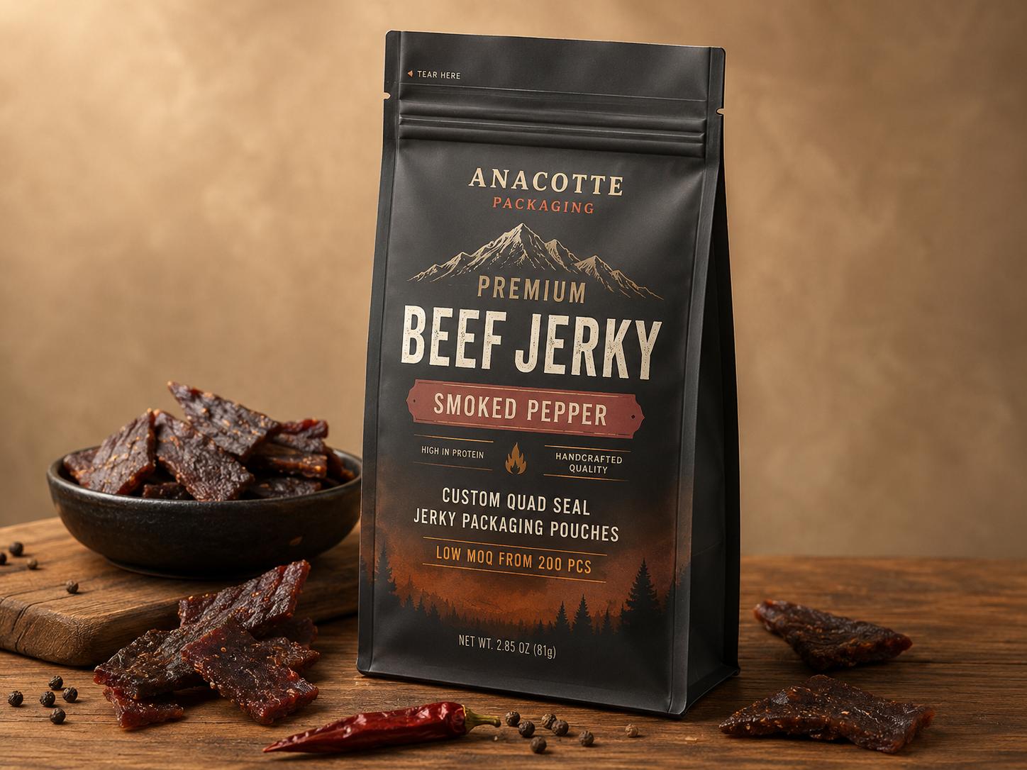 A matte black Selah Jerky Original Beef pouch on a stone slab, with pieces of jerky, peppercorns, rosemary, and mountains in the background